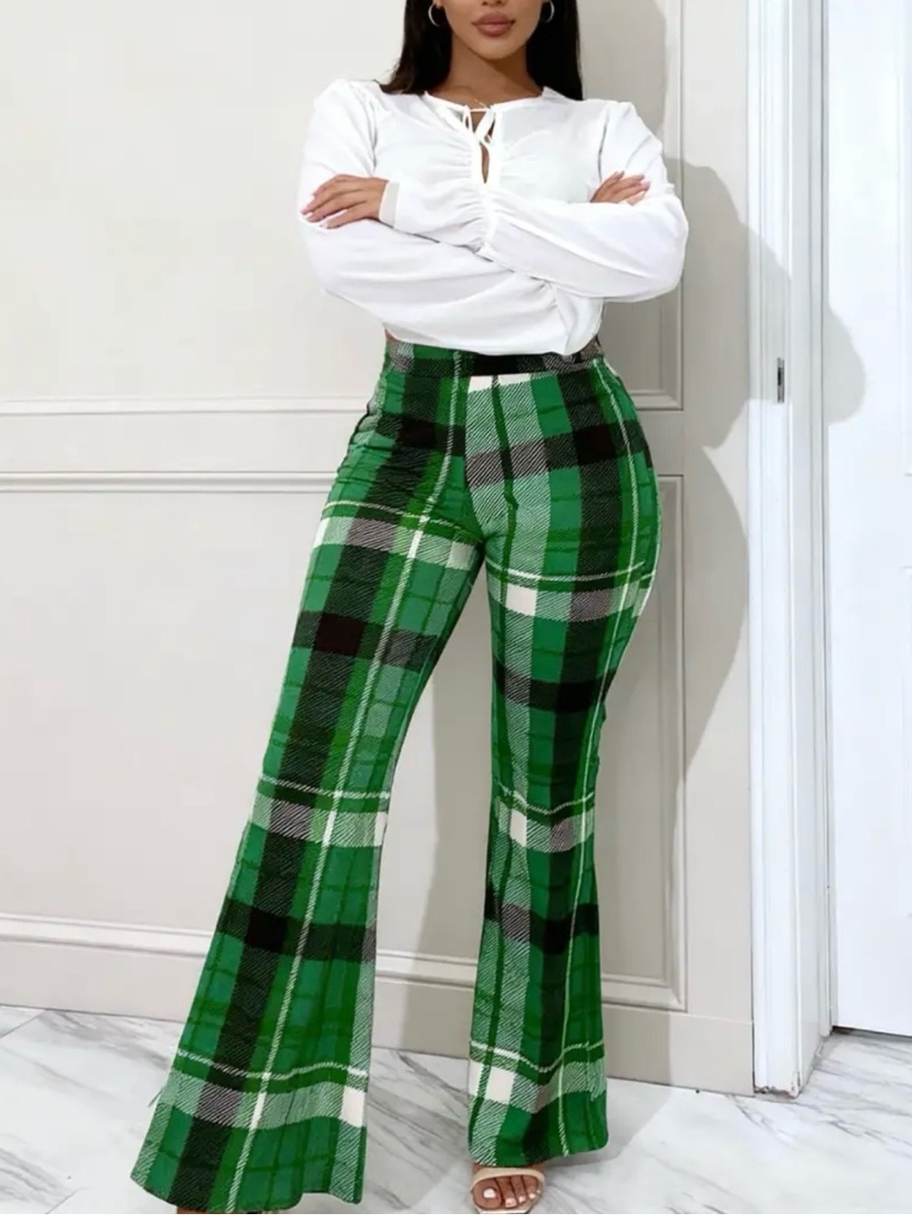 Women’s Green Plaid High-Waist Flared Pants